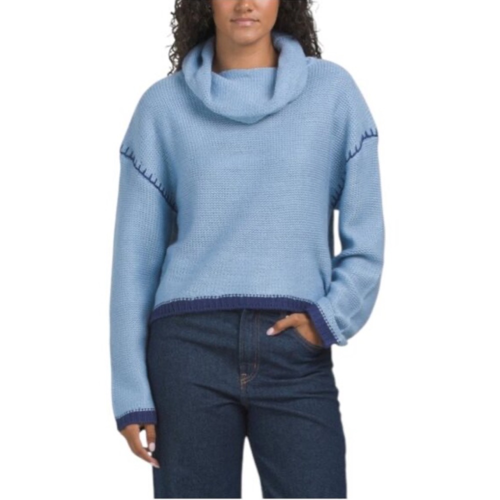 DRIFTWOOD Two Toned Blue Cowl Neck Contrast Stitching Chunky Sweater NWOT XS